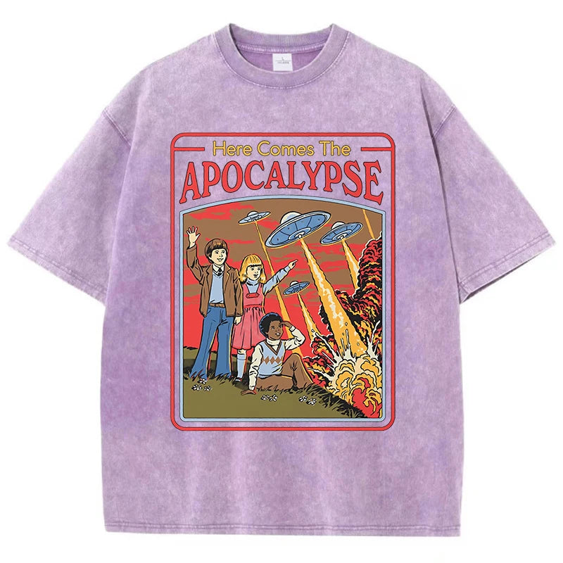T-Shirt Unisex Here Comes the Apocalypse UFO Retro Washed Vintage Graphic Tee