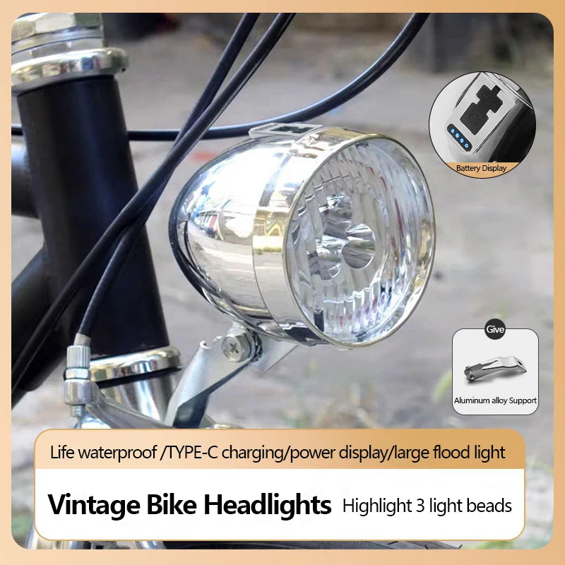 Retro Bike Headlight Type-C Rechargeable Premium Quality Replacement Accessory