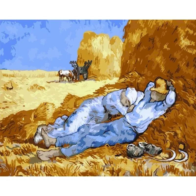 Painting of a reclining figure in a desert landscape with a horse and cart.