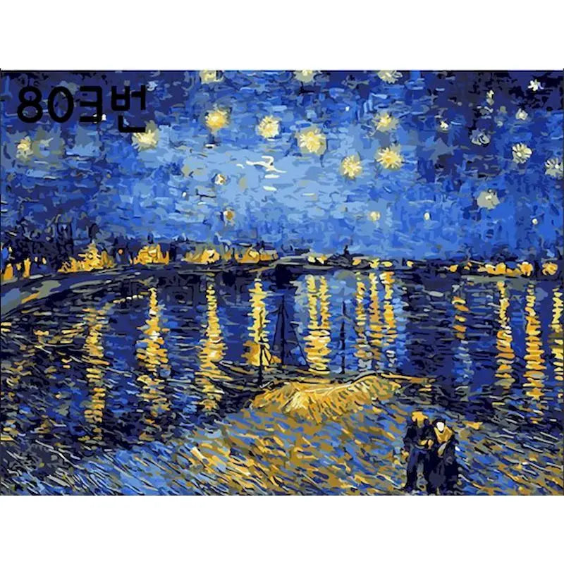 Starry Night over the Rhone by Vincent van Gogh with a blue and yellow color scheme.