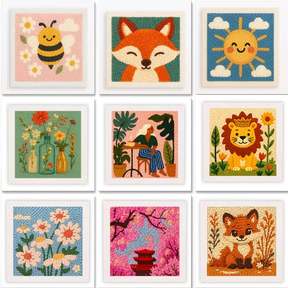 Punch Needle Kit, Flower & Animal Patterns with Frame for Embroidery Crafts