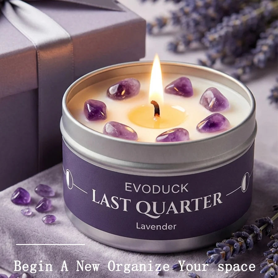 Waning Moon Scented Candle Soy Wax Lavender Scented Candles Silver Tin with Purple Crystal Chips Bestfriend Gifts Gift for Woman