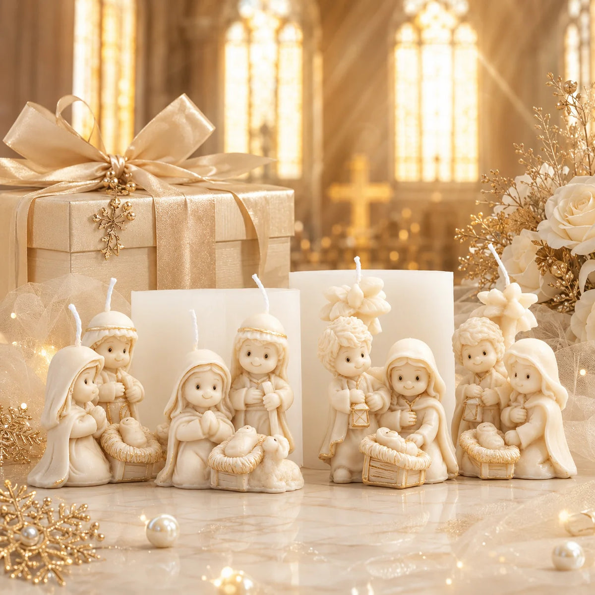 Four ivory Holy Family and baby Jesus example candles arranged in front of white silicone molds