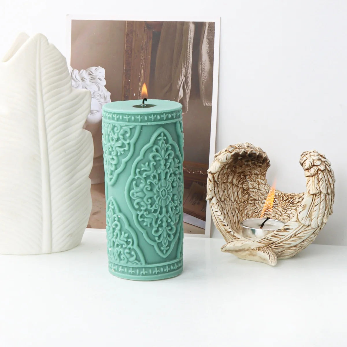 Vintage Floral Totem Cylinder Candle Silicone Mold DIY Creative Embossed Lace Pillar Candle Plaster Making Supplies Mould