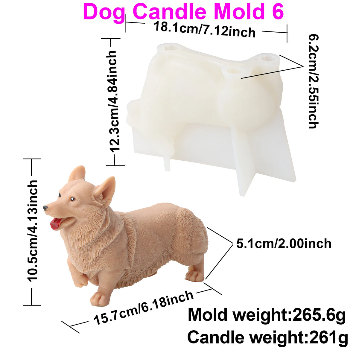 A corgi shaped candle mold and a small corgi figurine shown on a white background with measurement labels and text indicating dimensions and weights.