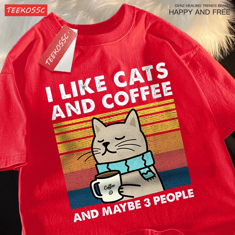 T-Shirt Unisex I Like Cats and Coffee and Maybe 3 People Funny Graphic Tee