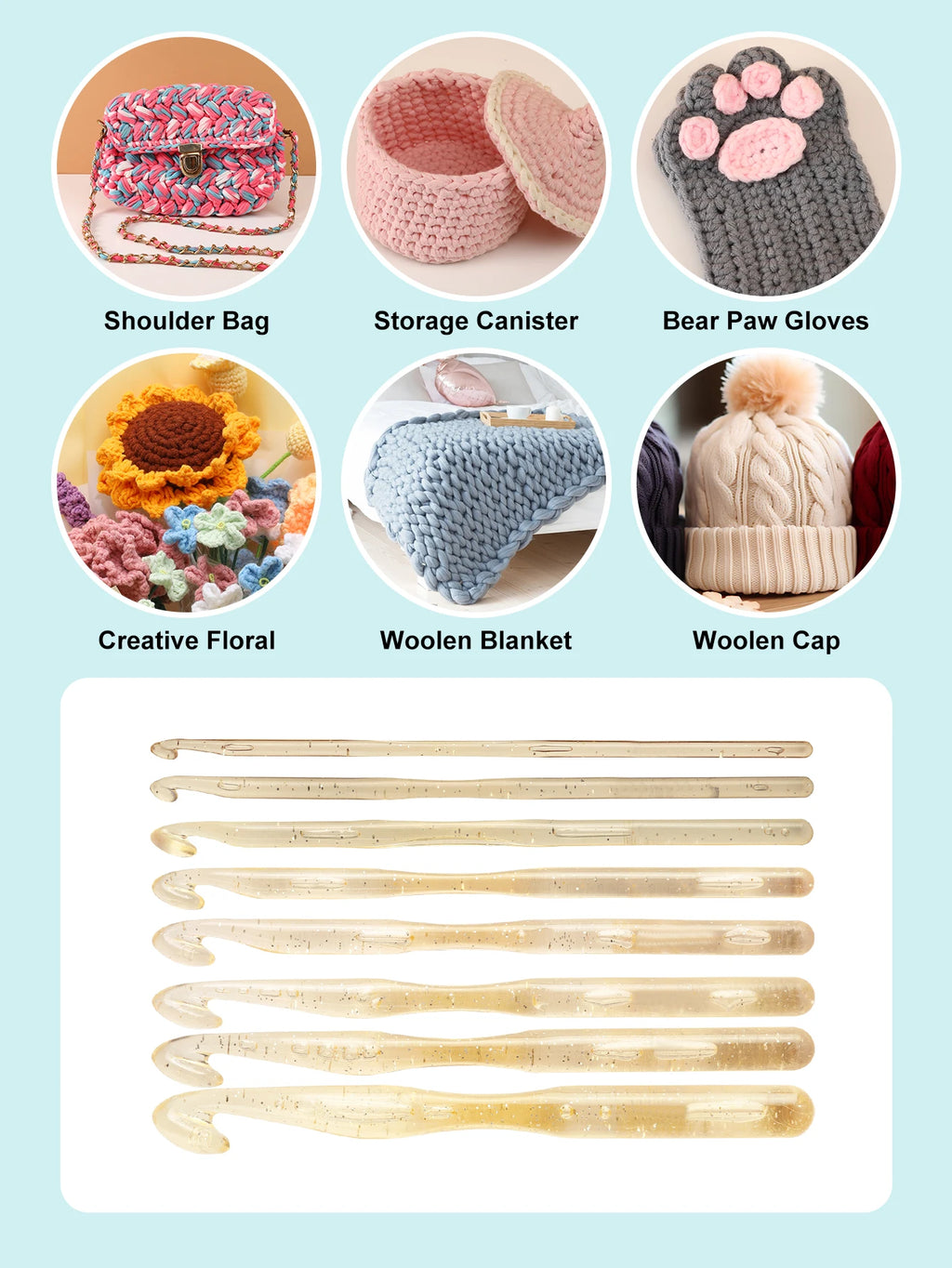 Crochet Hooks, Transparent Crystal-Style Set for Handmade Yarn Crafts
