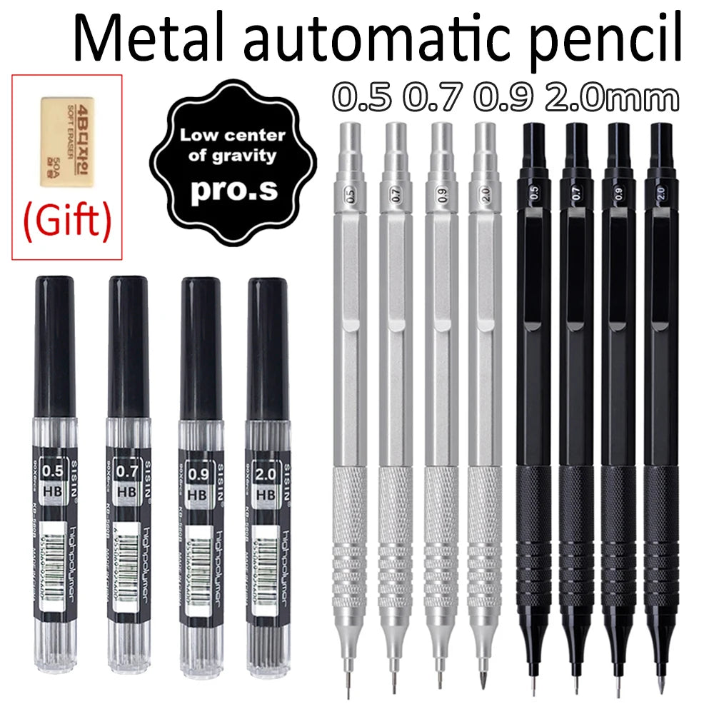 5-Piece Metal Mechanical Pencil Set — 0.5 to 2.0mm, Black or Silver