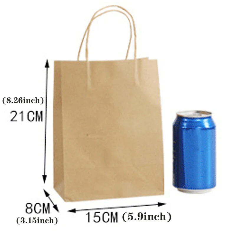 Brown paper bag with dimensions labeled next to a blue can on a white background