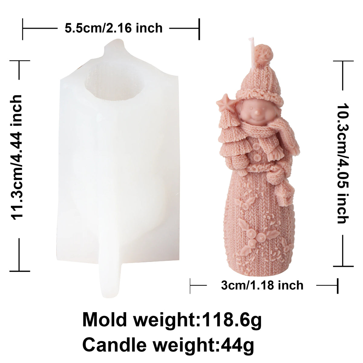 Tall textured snowman mold and example candle diagram with separate dimensions and weights