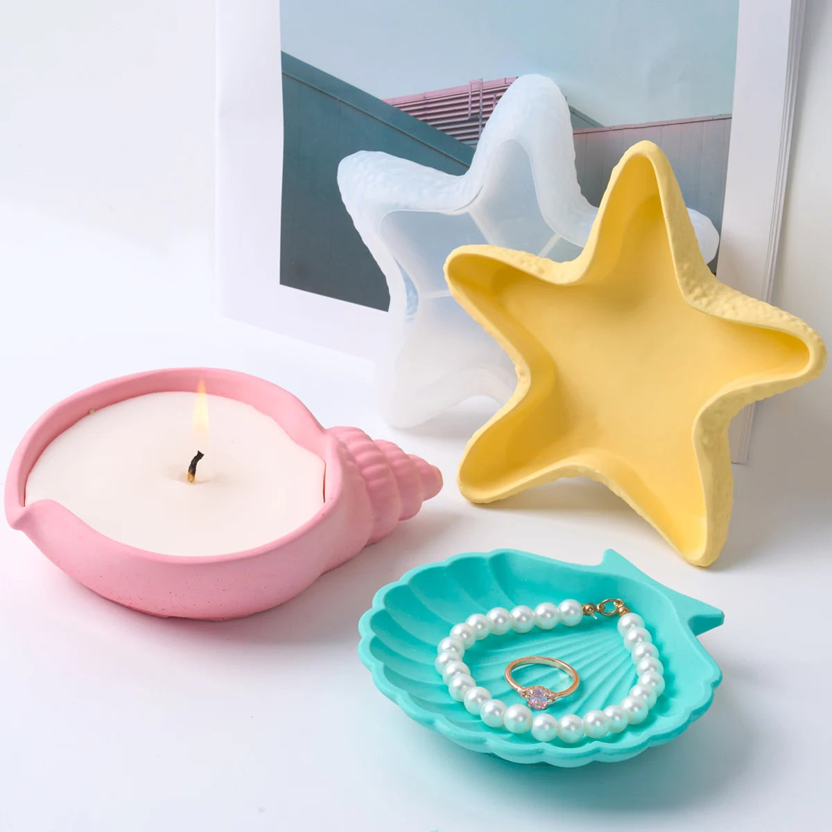 DIY Concrete Starfish Starage Tray Silicone Mold Candle Holder Plaster Molds Shell Conch Resin Flowerpot Craft Making Home Decor
