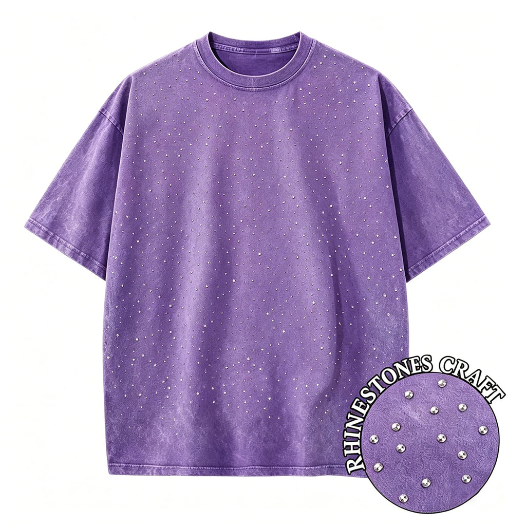 T-Shirt Unisex Rhinestone Acid Wash 100% Cotton Retro Punk Loose Hip Hop Tee