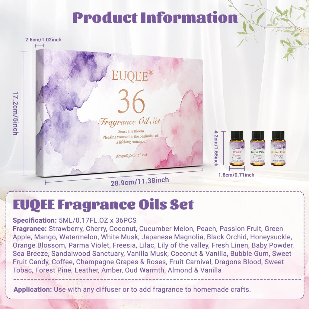 EUQEE 36 Bottles Fragrance Oils Gift Set For Candle Making Diffuser Strawberry Cherry Coconut Coffee Leather 5ml Fragrance Oil