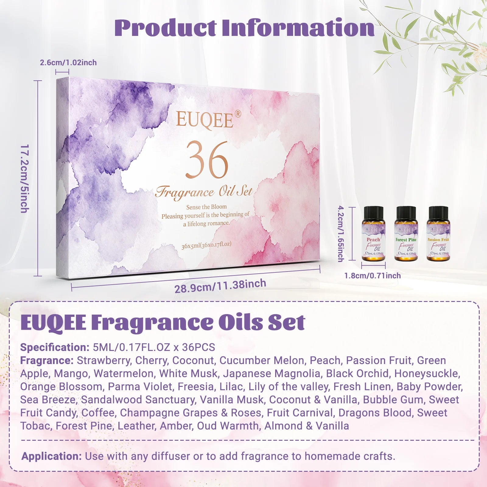 EUQEE 36 Bottles Fragrance Oils Gift Set For Candle Making Diffuser Strawberry Cherry Coconut Coffee Leather 5ml Fragrance Oil