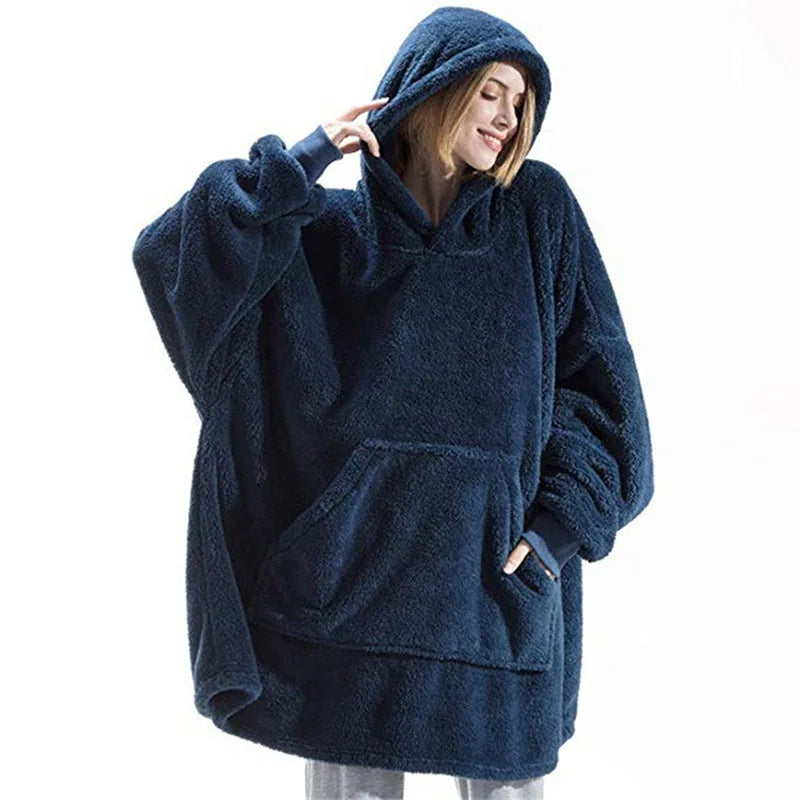 Hooded Sweatshirt Women's Double-Faced Fleece Thick Loose Pullover Pockets Warm