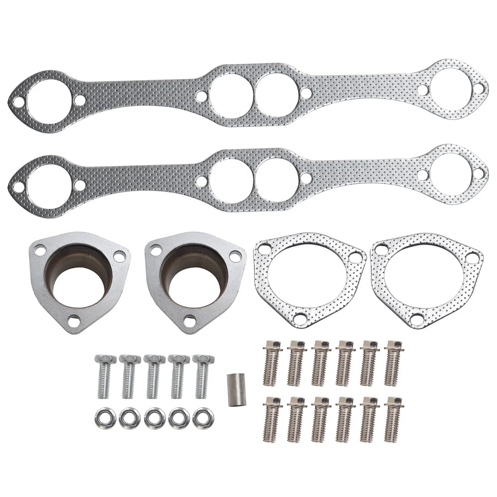 A set of metallic exhaust manifold gaskets and mounting hardware arranged on a plain white background. The kit includes two long perforated metal gasket pieces, two circular flanges, two oval gasket pieces, and multiple silver bolts, washers, and nuts.