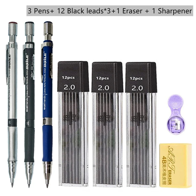 Mechanical Pencil Set, 2.0mm 2B, Pencils & Lead Refills, Color or Black