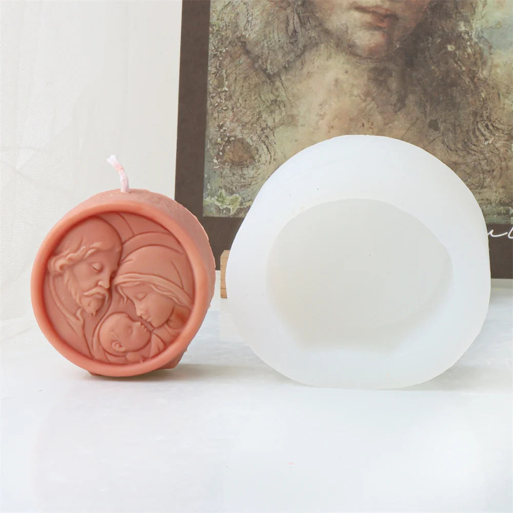 Round peach Holy Family relief example candle beside its white silicone mold