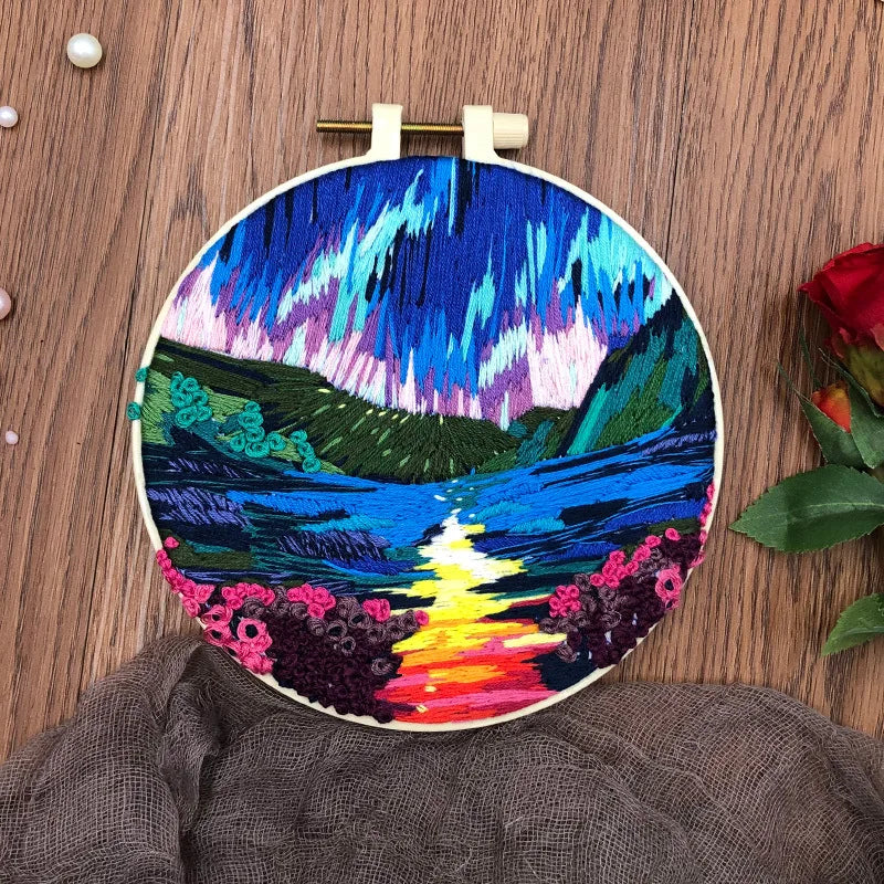 Embroidery Kit, Aurora Night Sky Scenery for Handmade Hoop Art & Decor