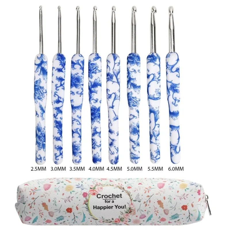 Crochet Hooks, Blue & White Porcelain-Style Set for Handmade Yarn Crafts