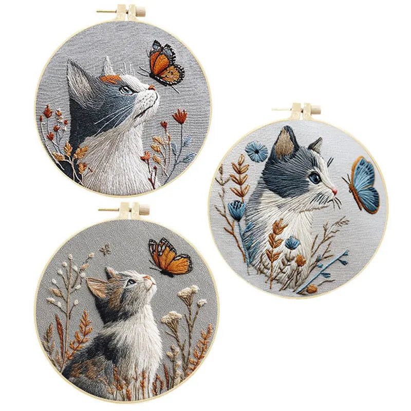 Embroidery Kit, Cat, Flowers & Butterfly Designs for Beginner Hoop Art