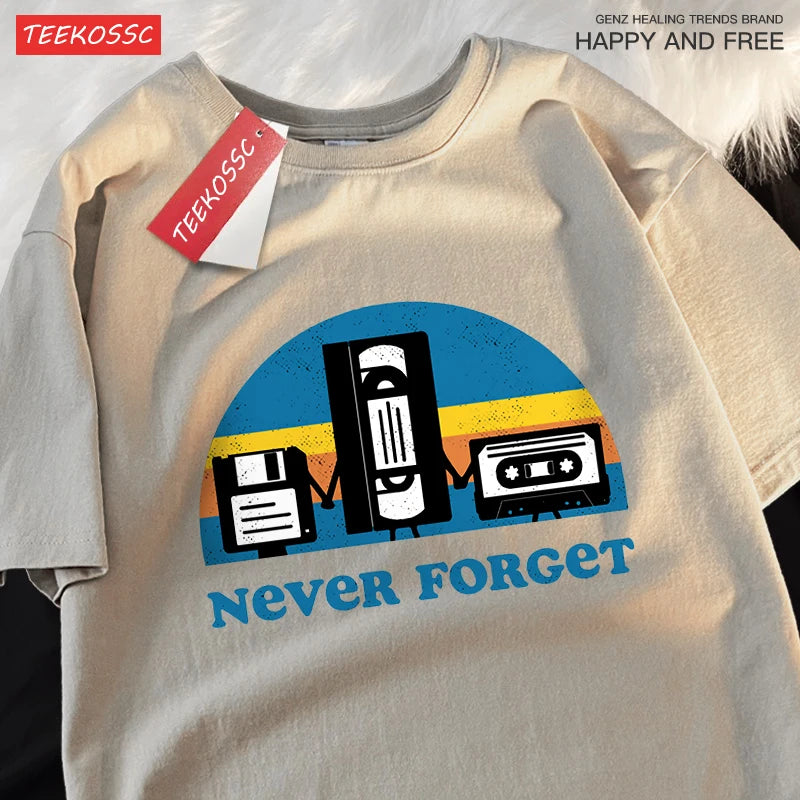 T-Shirt Unisex Never Forget Retro Tech Floppy VHS Cassette Vintage Graphic Tee