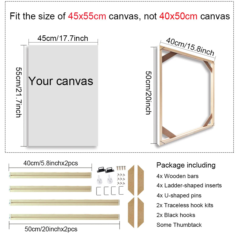 Canvas size and frame dimensions with package contents listed.