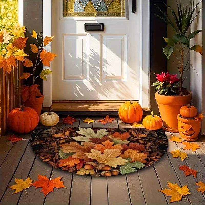 VIKAMA Autumn Maple Leaf Half-Circle Floor Mat Thanksgiving Entrance Garden Kitchen Carpet Thanksgiving Home Decor