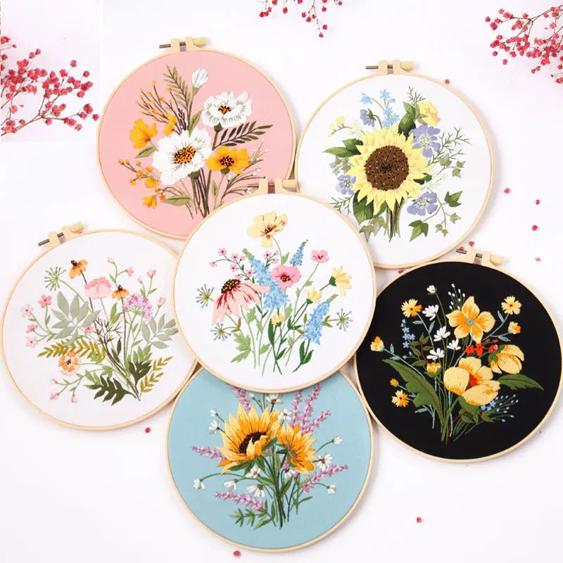 Embroidery Kit, Flower Designs with Hoop for Handmade Cross-Stitch Crafts