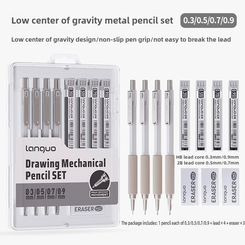 Mechanical Pencil Set, LANGUO Metal — 0.3 to 0.9mm, Leads & Eraser