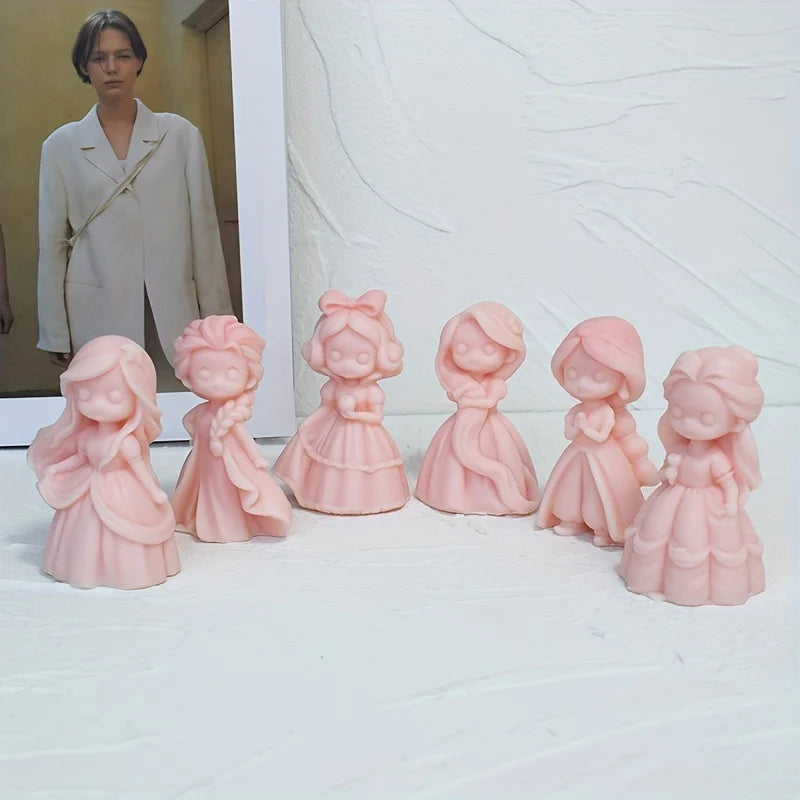 Six pink princess doll casting examples with different hairstyles and flowing dresses