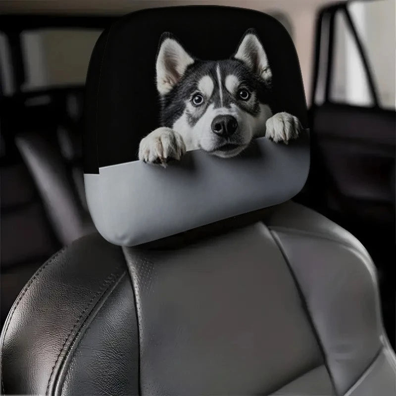 2pcs Husky Dog Print Car Headrest Cover Cute Husky Face Design Easy Installation