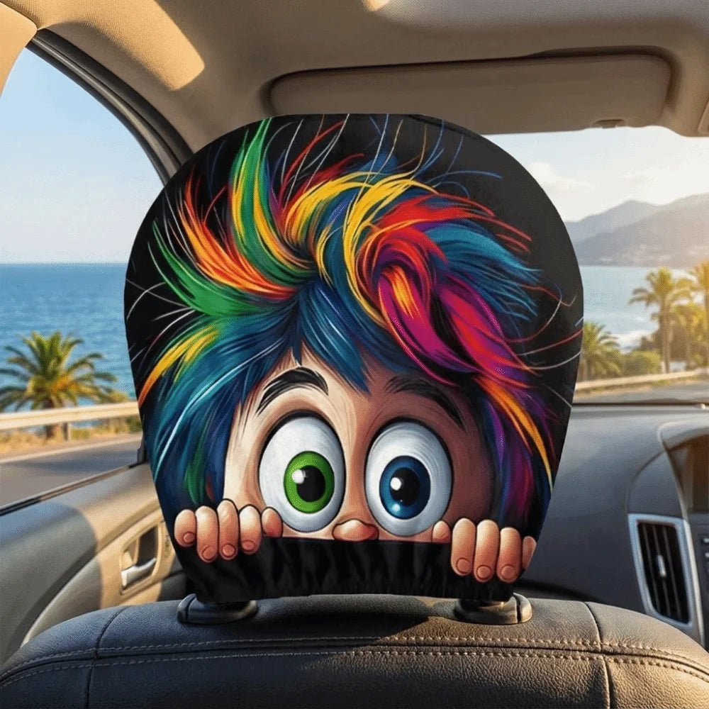2PCS Elastic Car Headrest Covers Stain-Proof Cartoon Seat Headrest Protectors Funny Washable Auto Interior Decoration Cover