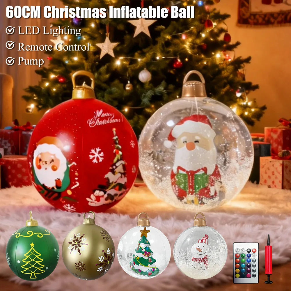 60cm Christmas Ball Ornament PVC Giant Inflatable Decorative Balls Xmas LED Light Decoration Balloon With Remote Control & Pump