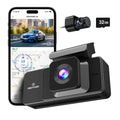 Car dashboard camera with smartphone displaying app interface, camera, and 32GB memory card on a white background.