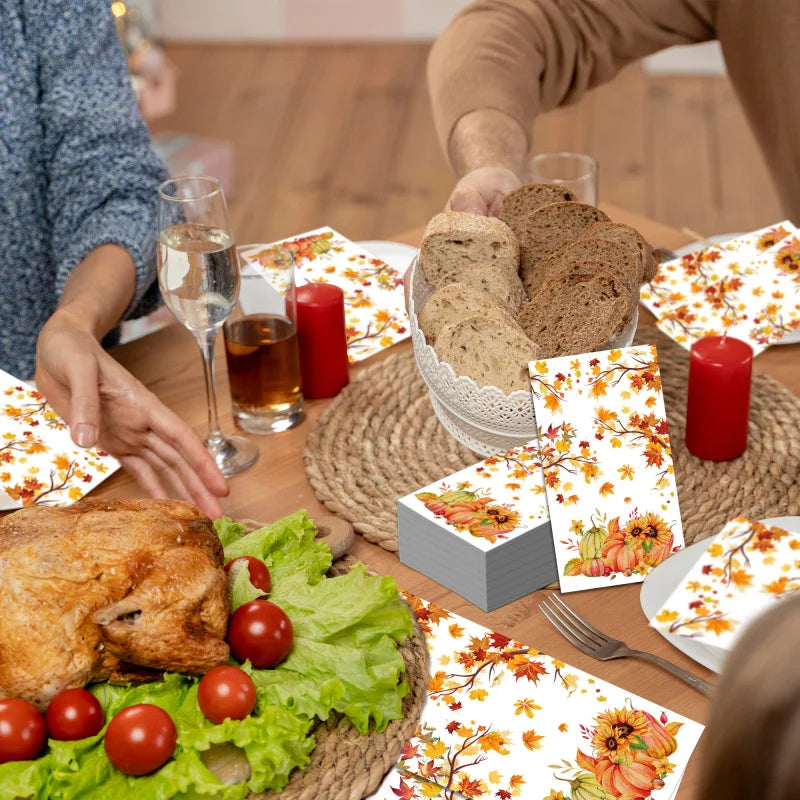 20pcs Thanksgiving Day Maple Leaf Pumpkin Paper Napkins Disposable Long Guest Napkin for Thanksgiving Party Table Decor Supplies