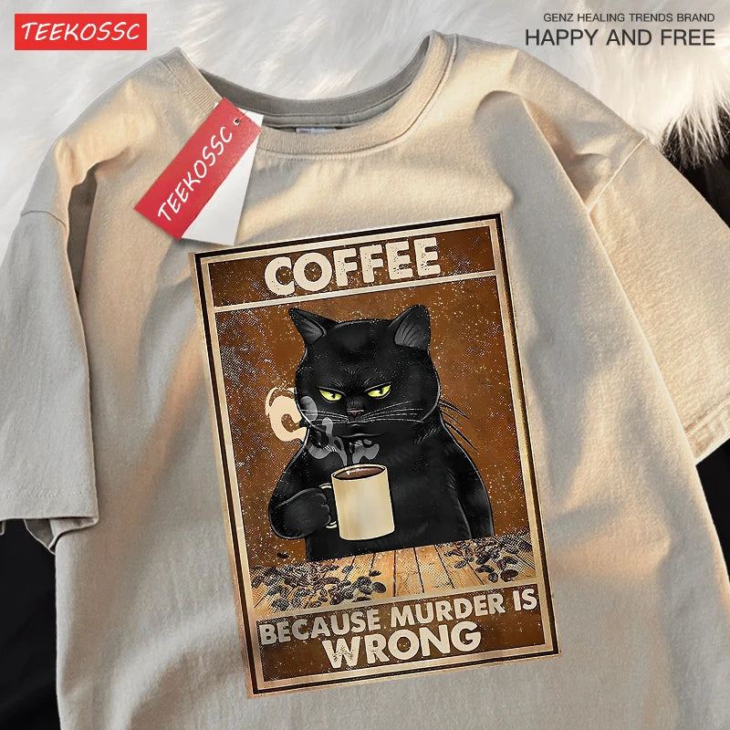 T-Shirt Unisex Coffee Because Murder Is Wrong Black Cat Humor Graphic Tee