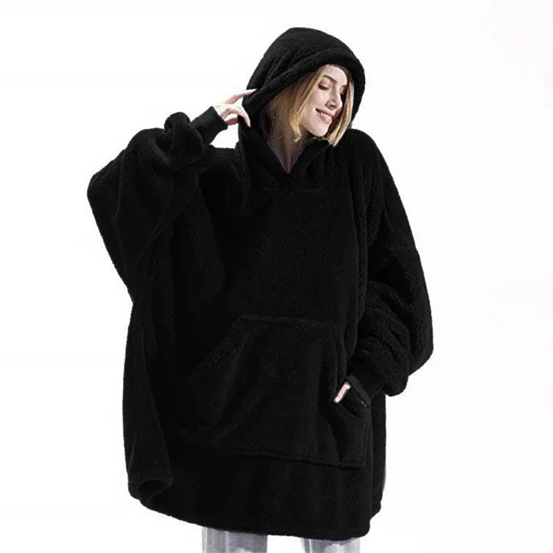 Hooded Sweatshirt Women's Double-Faced Fleece Thick Loose Pullover Pockets Warm