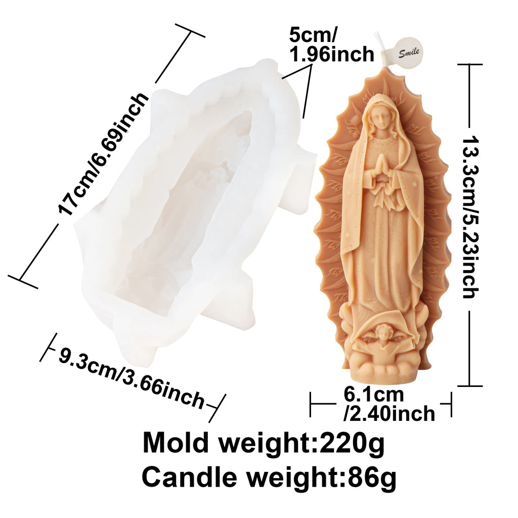 Virgin Mary mold and example casting diagram with separate tool and finished-figure dimensions and weights