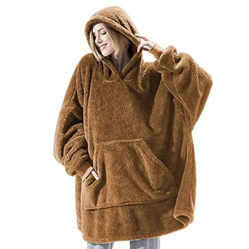 Hooded Sweatshirt Women's Double-Faced Fleece Thick Loose Pullover Pockets Warm
