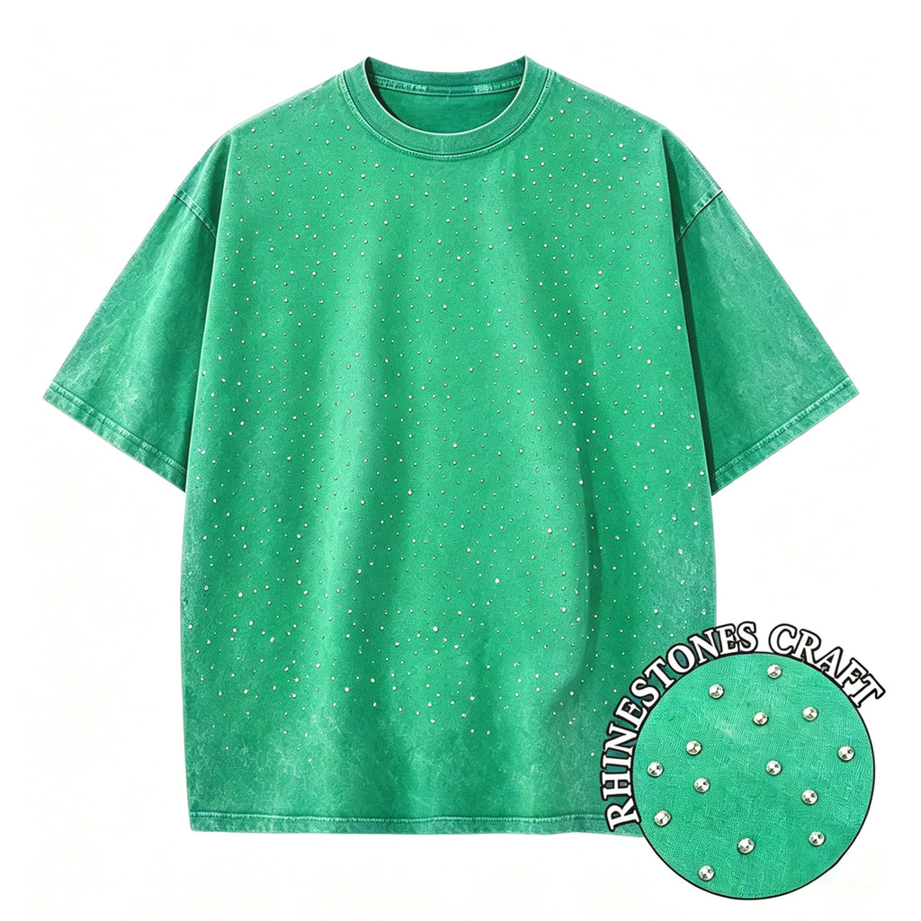 T-Shirt Unisex Rhinestone Acid Wash 100% Cotton Retro Punk Loose Hip Hop Tee