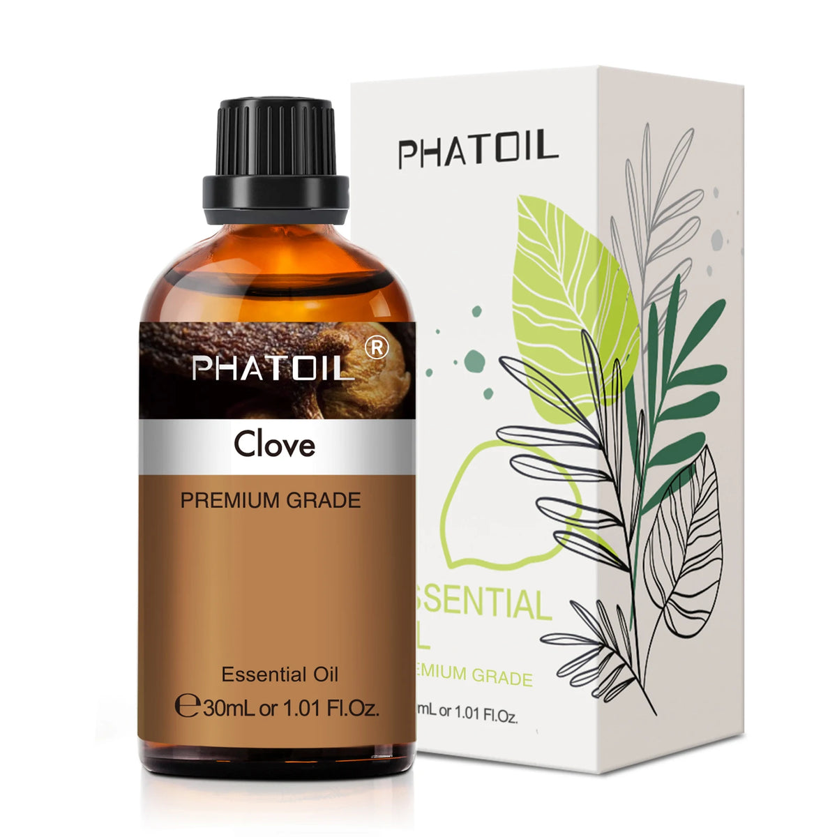 Phatoil Clove essential oil bottle and packaging on a white background