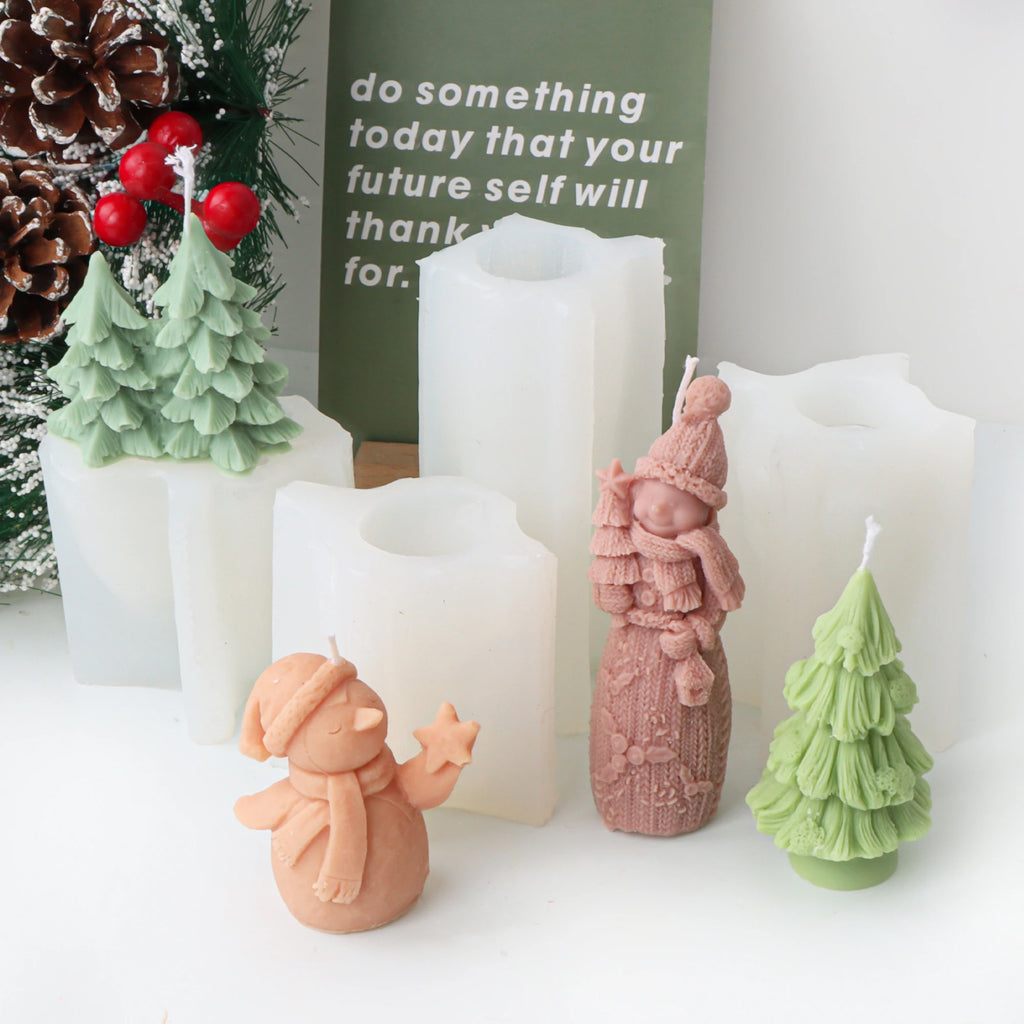 Snowman and Christmas tree casting examples arranged with white silicone molds