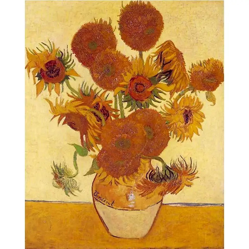 Famous painting of sunflowers in a vase by Vincent van Gogh on a yellow background