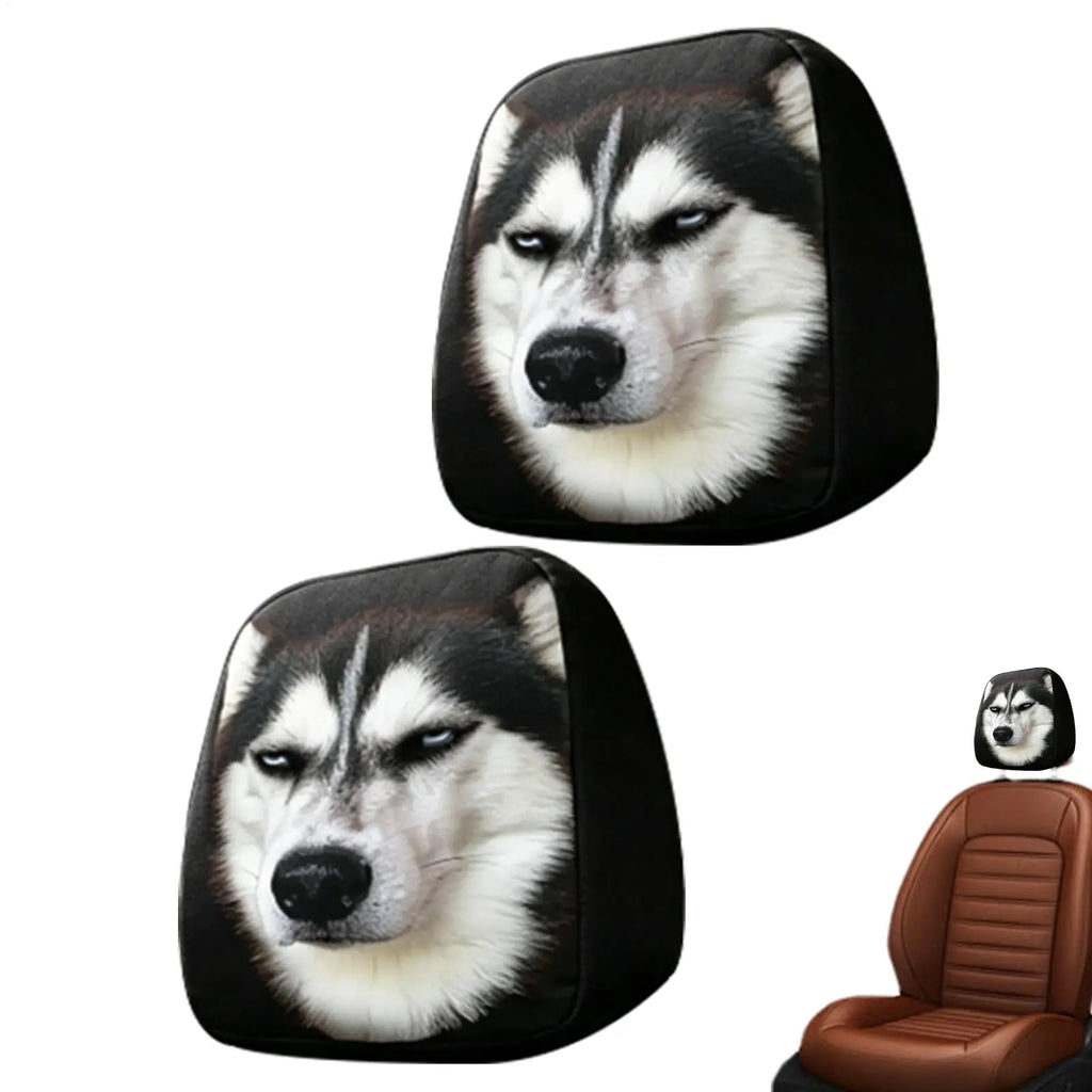 Two black car headrest covers featuring a printed husky dog face, shown on a white background with a small inset of one cover installed on a brown car seat.