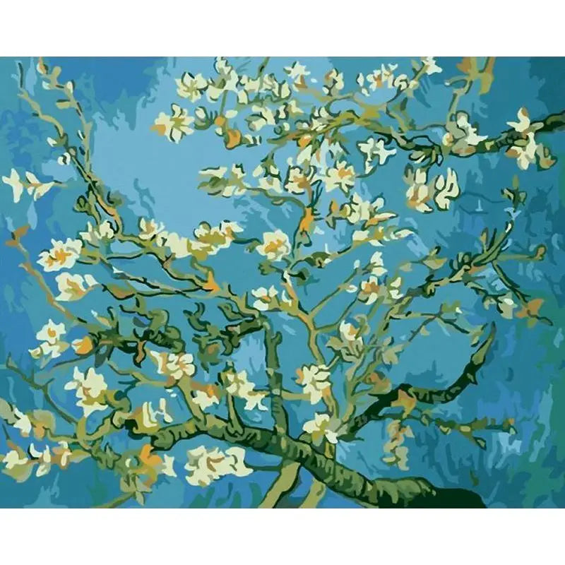 Artistic depiction of flowering branches against a blue background