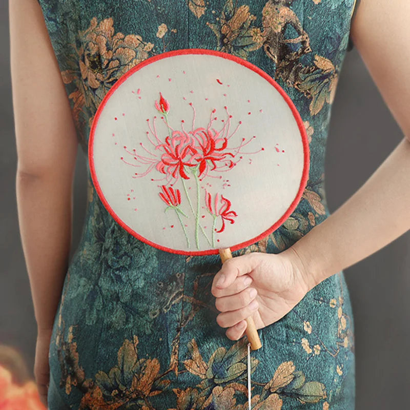 Embroidery Kit, Chinese-Style Hand Fan with Flower & Plant Patterns