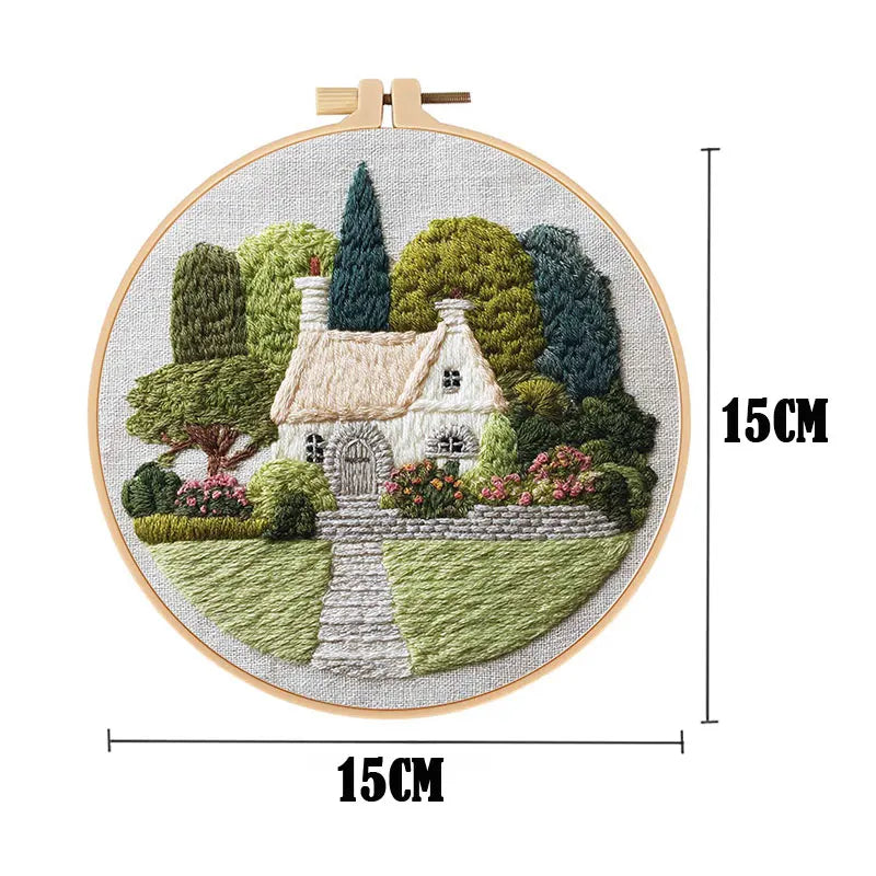 Embroidery Kit, Village Nature Scenery for Beginner Stitching & Home Decor