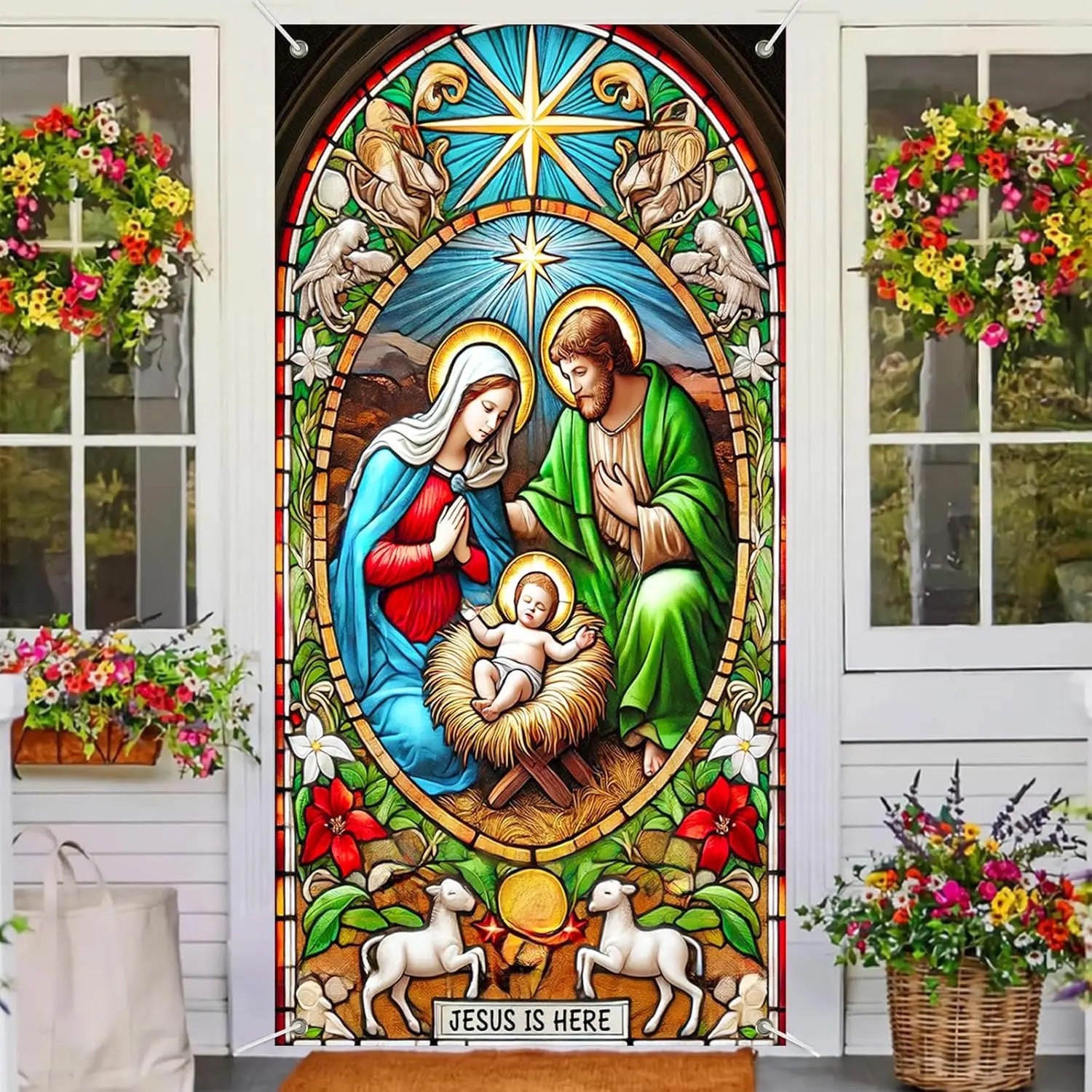 Christmas door casing banner, winter festival scene of the Nativity of Jesus, home decoration festival