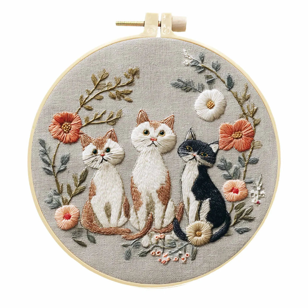 Embroidery Kit, Cats & Flowers with Needles & Thread for Handmade Crafts